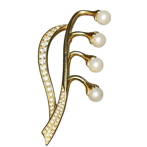 Swarovski Crystal Faux Pearl Brooch Pin Gold Tone Lily of the Valley Signed Swan - Picture 2 of 13